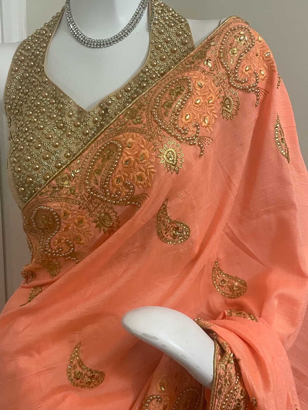 Peach Saree with Gold Paisley Embellishments